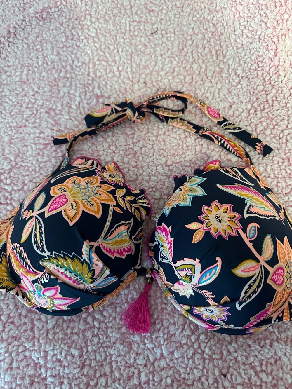 Women’s Navy Floral Halter Bikini Top - Pink & Peach Accents
